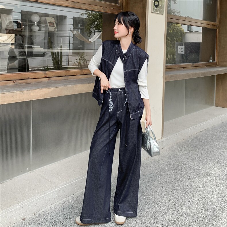 秋季牛仔阔腿裤马甲时尚两件套女，女装套装/套裙，浙宝069
