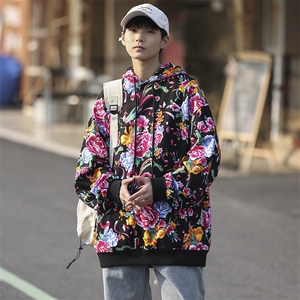 W203春秋新款男女团队服大花连帽卫衣外套潮民族特色花卫衣情侣装图片