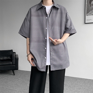 8XL-M短袖衬衫男夏宽松慵懒风痞帅条纹格子衫半袖外套DC28005P40图片