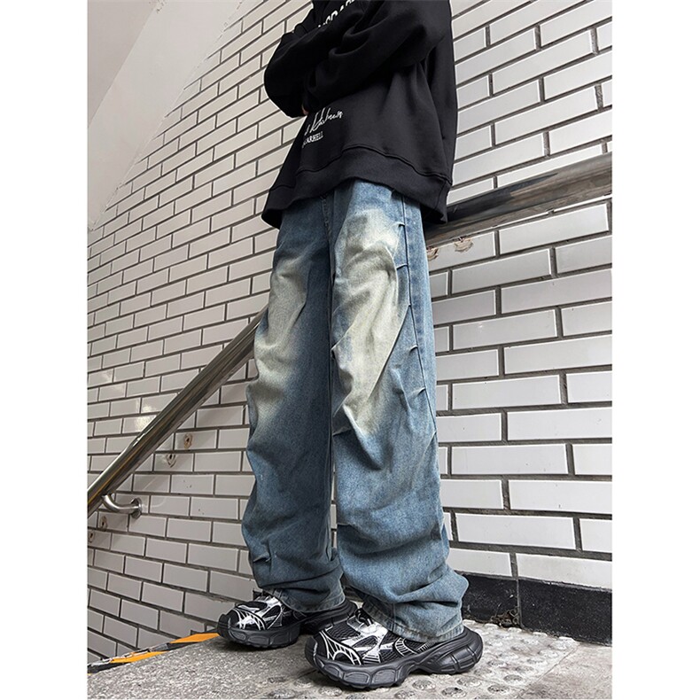 港风秋款男牛仔裤渐变色褶皱直筒宽松休闲长裤NK8056P55,男装牛仔裤,星座1013-1