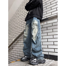 港风秋款男牛仔裤渐变色褶皱直筒宽松休闲长裤NK8056P55，男装牛仔裤，星座1013-1