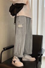 K716-P55秋季港风大码松紧破洞牛仔裤男直筒老爹裤拖地裤，男装牛仔裤，电商B369（原A024）