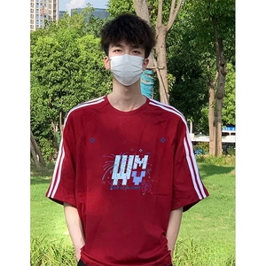 抖音得物高品质二开240克宽松纯棉美式潮牌三条杠织带短袖T恤图片
