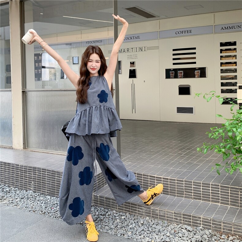 灰色慵懒风花朵无袖背心套装女2025夏季新款韩系显瘦阔腿裤两件套,女装套装/套裙,2C283