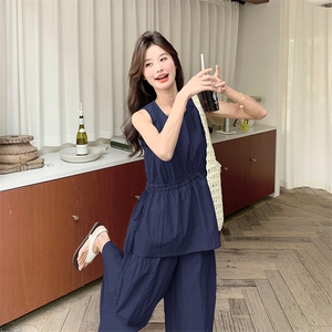 松弛感休闲无袖上衣套装女夏2025新款轻熟风气质通勤阔腿裤两件套图片