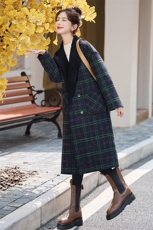 格纹两面穿毛呢外套女中长款2025秋冬装新款韩版宽松加厚呢子大衣，女装双面呢大衣，采品优优