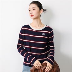 法式条纹圆领针织衫女2025新款长袖保暖打底毛衣洋气百搭毛衫上衣，女装针织衫/毛衣，菲奥羊绒