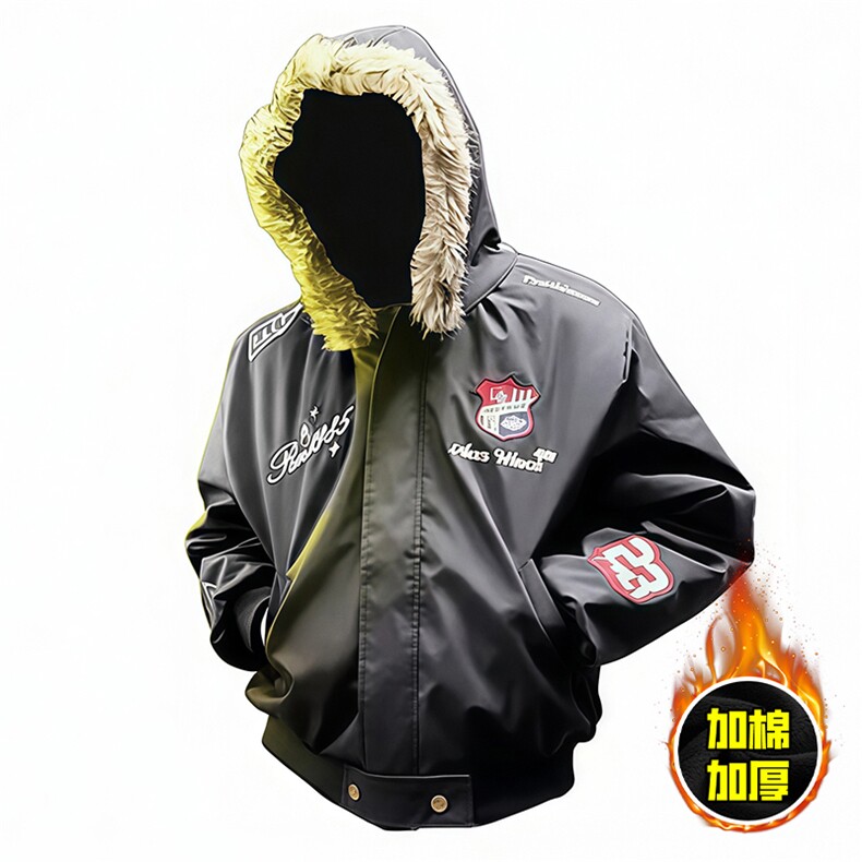 现货高品质美式高街重磅刺绣座山雕大毛毛领棉衣男女加厚棉服外套，男装棉衣，电商A486-1