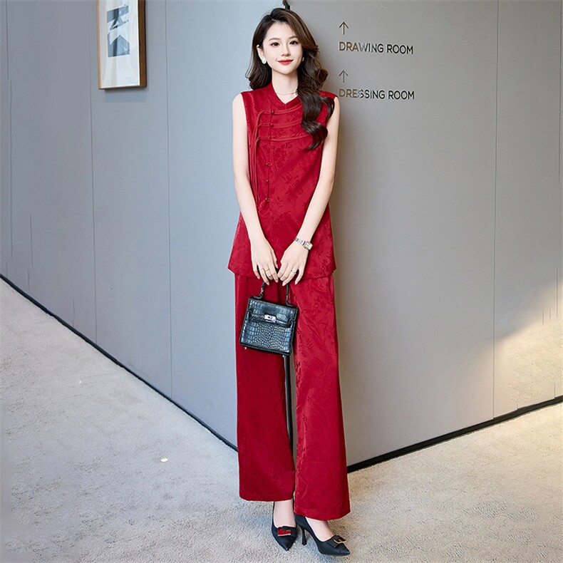 2025春新中式气质复古盘扣改良提花时尚洋气阔腿裤两件套女,女装套装/套裙,火爆靓佳人