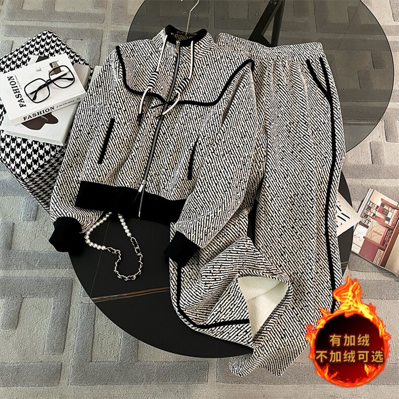 女秋冬撞色加绒外套阔腿裤显瘦两件套,女装套装/套裙,江南