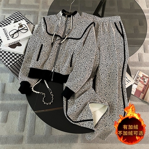 女秋冬撞色加绒外套阔腿裤显瘦两件套图片