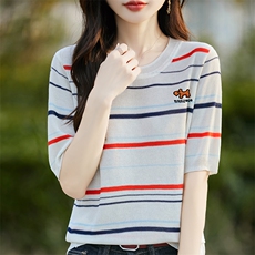 夏季新款女士简约时尚舒适天丝刺绣短袖，女装T恤，斯美雅电商供货