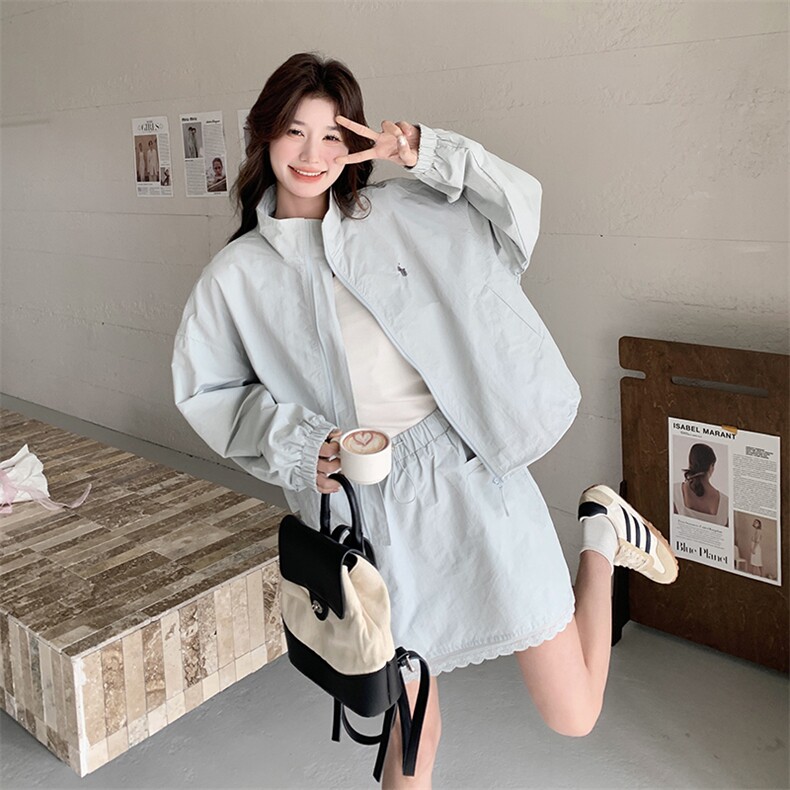 蓝色休闲运动套装裙女2025春季新款韩系小个子立领外套短裙两件套图片