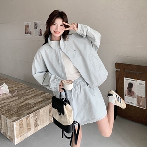 蓝色休闲运动套装裙女2025春季新款韩系小个子立领外套短裙两件套图片
