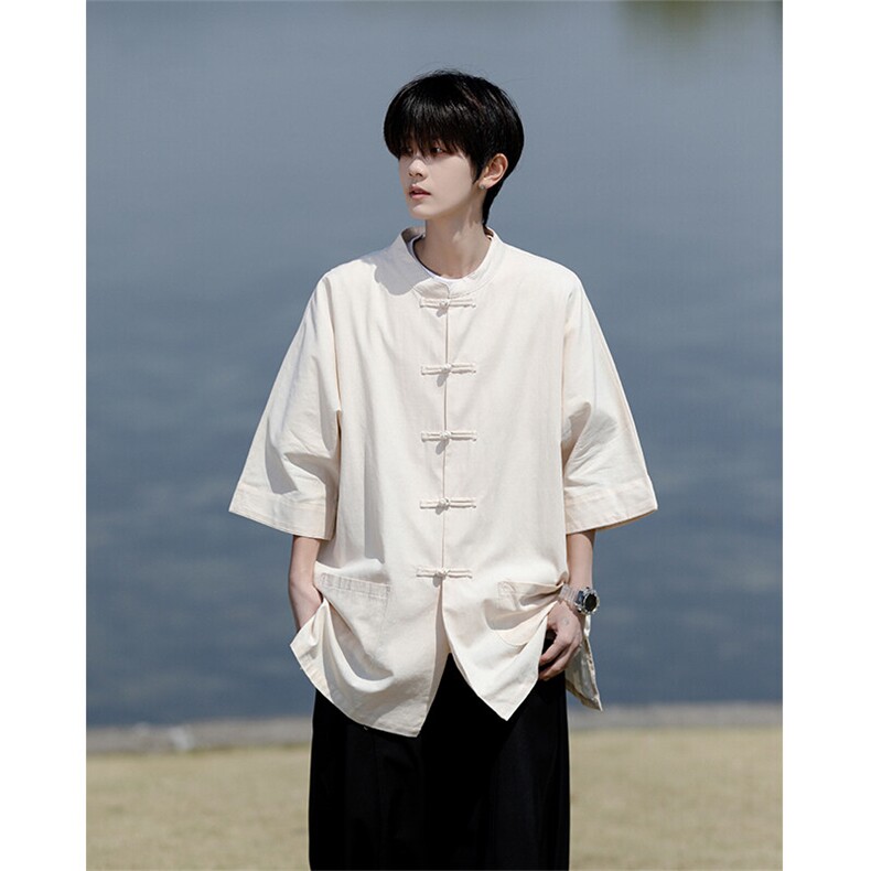 8XL-M 新中式衬衫男中山装麻棉风复古中袖衬衣唐装CS527P60图片