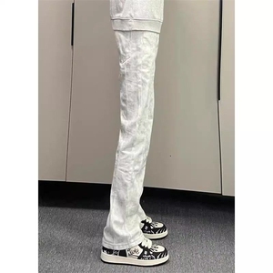 1506-1/K20971半松紧/P49脏脏扎染白色拼接牛仔裤男显瘦直筒微喇图片