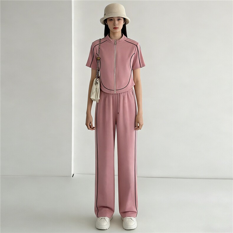 小香风时尚运动套装女夏新款韩版气质短袖拉链开衫阔腿长裤两件套,女装套装/套裙,江南