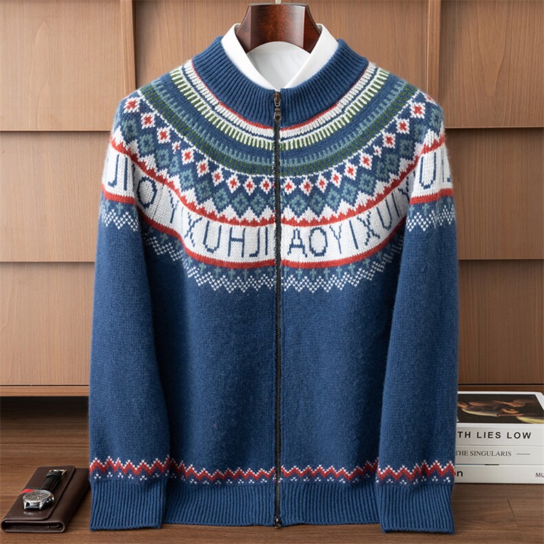 2025舒适百搭简约秋冬百搭拼色圆领拉链开衫，男装羊绒套衫，伊雪娇羊绒