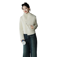 现货新款双面长毛羊毛大围巾两穿配星钻扣轻奢定制款羊毛呢短外套，女装双面呢大衣，丝露怡语