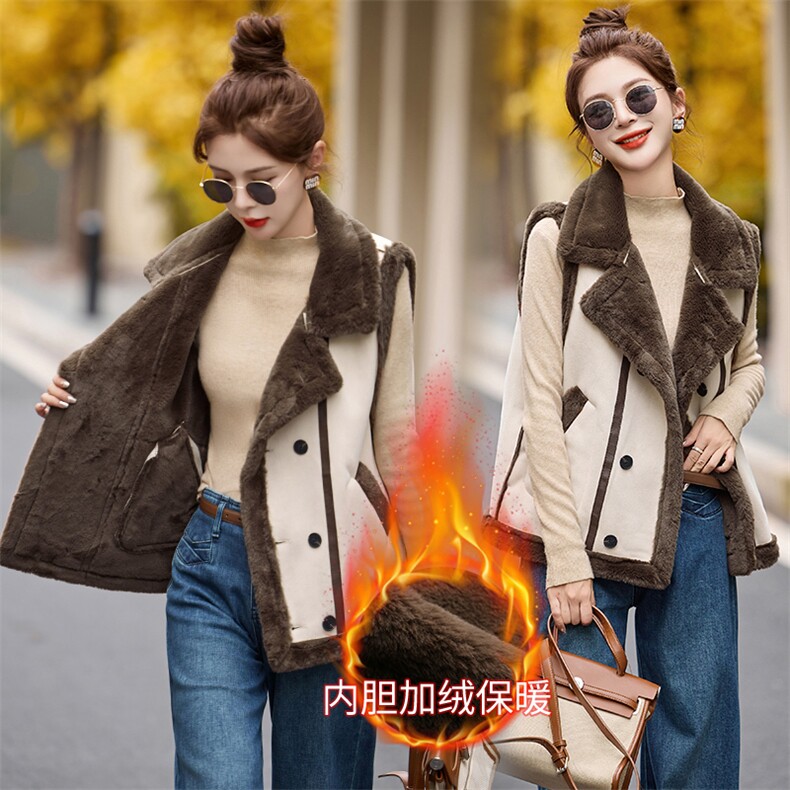 双排扣加绒加厚皮毛一体时尚马夹970P110,女装短外套,乐衣轩