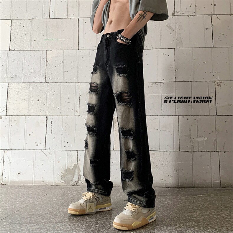 B221美式ins高街暗黑小众毛边破洞直筒牛仔裤LK23107-P65控88,男装牛仔裤,电商B221