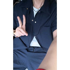 夏季林社长同款泡泡格短袖男女工装短袖衬衫套装TZ555-P55，男装T恤，电商A128