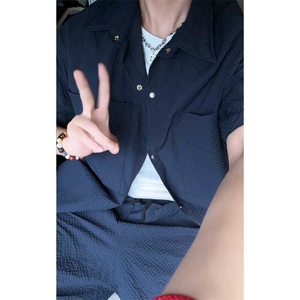 夏季林社长同款泡泡格短袖男女工装短袖衬衫套装TZ555-P55图片