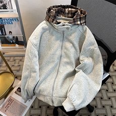 秋冬假两件格子连帽男女拉链上衣加厚夹棉外套JK08562-P93可拆帽，男装夹克，星座308B-1