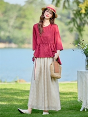 新中式休闲套装女春夏宽松系腰带显瘦七分袖上衣气质裙裤两件套，女装套装/套裙，水衣源