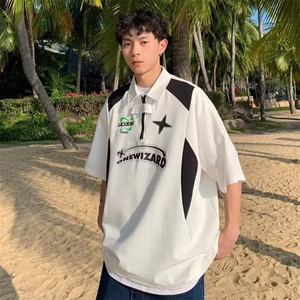 半拉链t恤男polo衫美式复古高街青少年短袖衬衫潮牌潮流夏季体恤图片