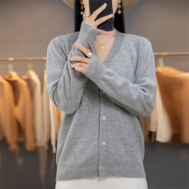 设计感圆领宽松毛衣针织开衫外套21秋冬韩版长袖外搭羊毛开衫上衣,女装羊毛衫,驼铃羊绒