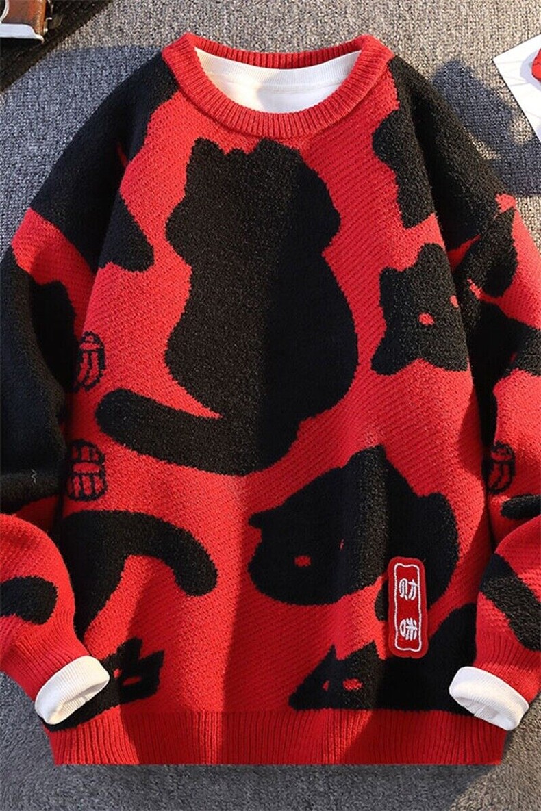 76312-特P58红色招财猫秋冬休闲毛衣男长袖针织打底衫,男装针织衫/毛衣,电商D310B