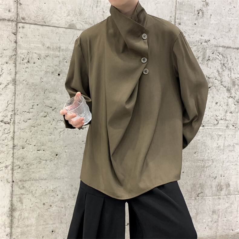 春秋暗黑风新中式山本耀司不规则立领衬衫男大码复古高级感衬衣,男装衬衫,星座909
