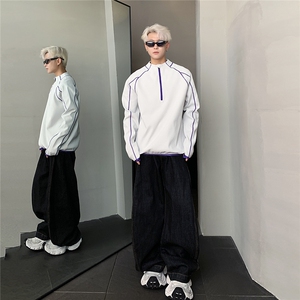 美式复古半高领半拉链卫衣男春秋季明线撞色情侣外套W505-P58图片