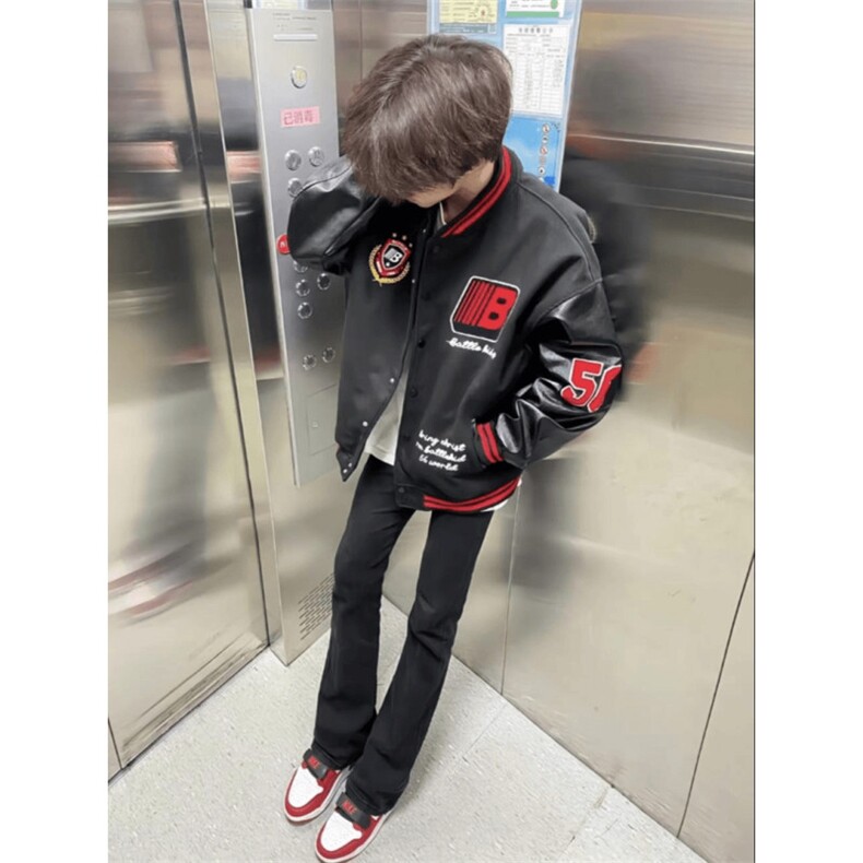 潮高街徽章刺绣pu皮拼接夹克男女青少年学生百搭潮流棒球服外套,男装夹克,四季星座505