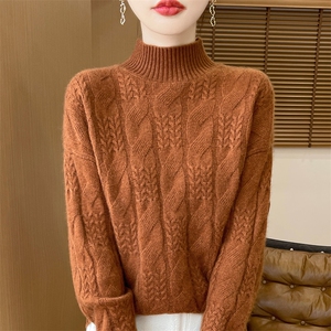 25新款半高领扭花100%纯羊毛衫女加厚针织毛衣长袖宽松羊绒打底衫图片