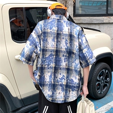 2026夏美式扎染刺绣格子短袖衬衫衬衣五分袖CS1805/特P35蓝色，男装衬衫，电商A094