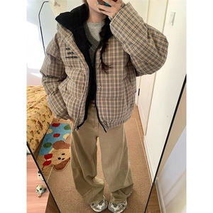 撞色格纹双面穿棉服女冬季慵懒风百搭防寒保暖面包服棉袄 M7635图片
