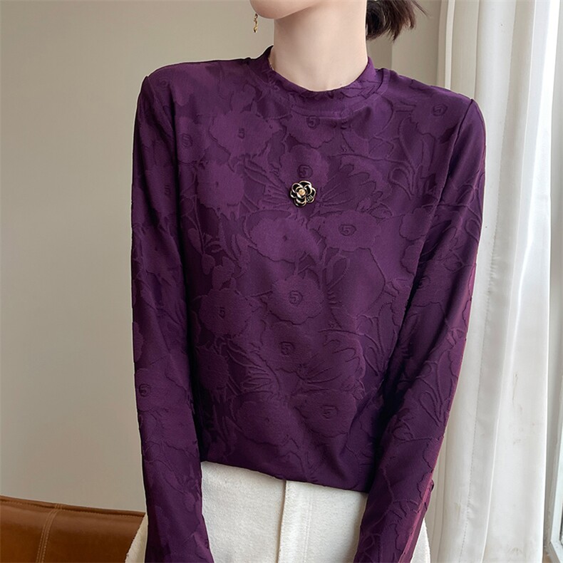 2024秋冬新款内搭半高领缎面提花针织衫女轻奢质感打底衫显瘦上衣，女装T恤，圣丽羊绒