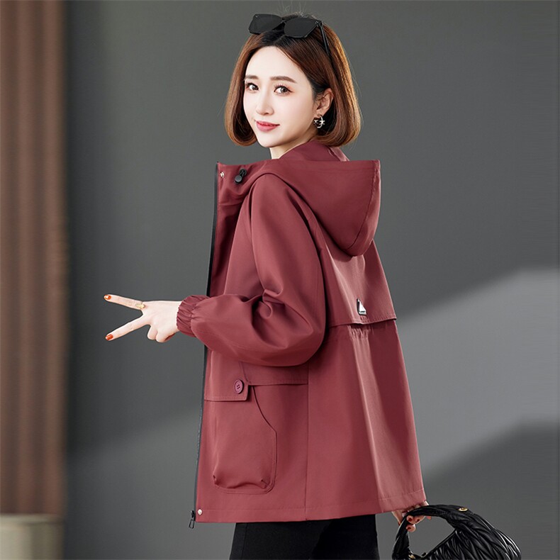 2025春季新款时尚休闲修身百搭抽绳收腰拉链口袋贴标连帽短外套，女装短外套，靓衣阁