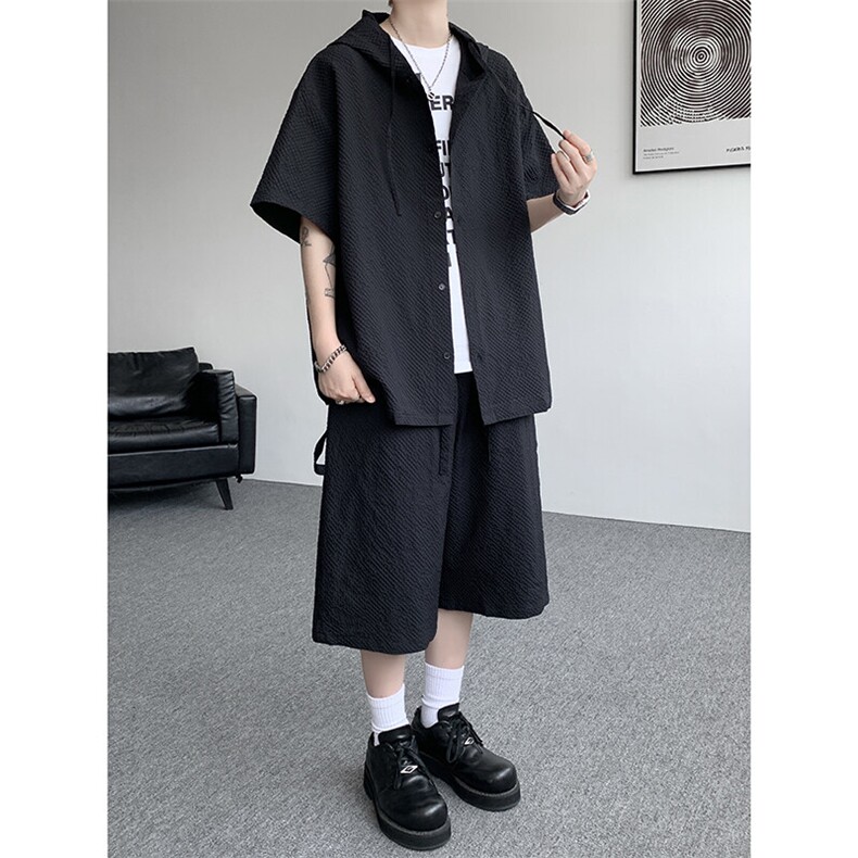 TZ793-特55  控98 新款速干肌理感连帽男短袖衬衫六分裤大码套装图片