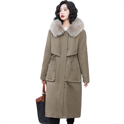 2022冬季新款时尚腰间抽绳修身气质真狐狸毛领舒适保暖连帽派克服，女装棉衣/棉服，时尚俏佳人