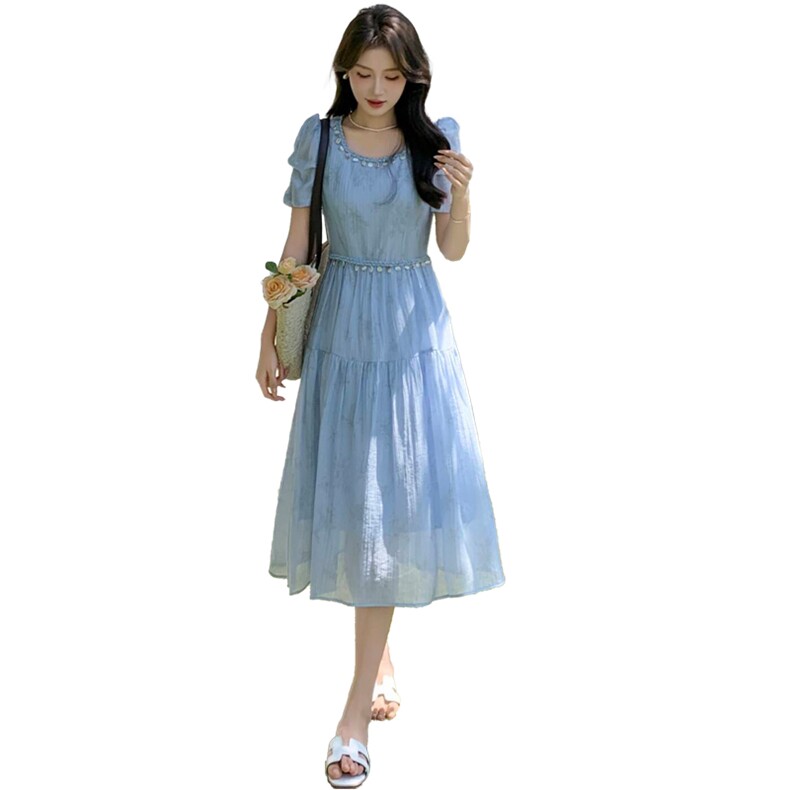 高级感小香风方领印花雪纺连衣裙女2025夏季新款收腰显瘦减龄长裙,女装连衣裙,心心服饰