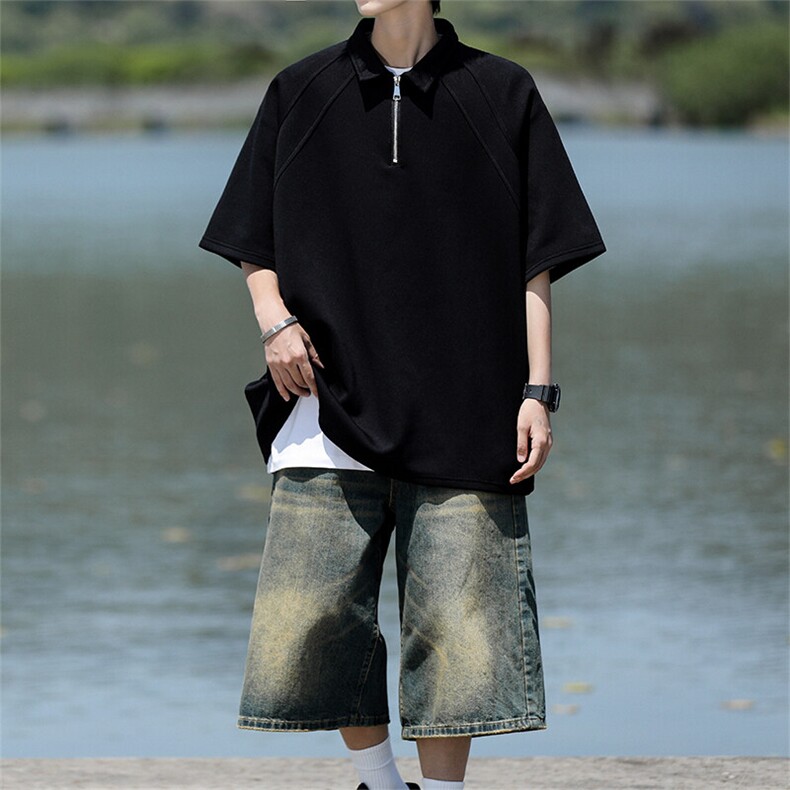 8XL-M半拉链t恤短袖POLO衫男款夏季美式翻领宽松大码半袖DT008P45图片