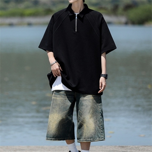 8XL-M半拉链t恤短袖POLO衫男款夏季美式翻领宽松大码半袖DT008P45图片