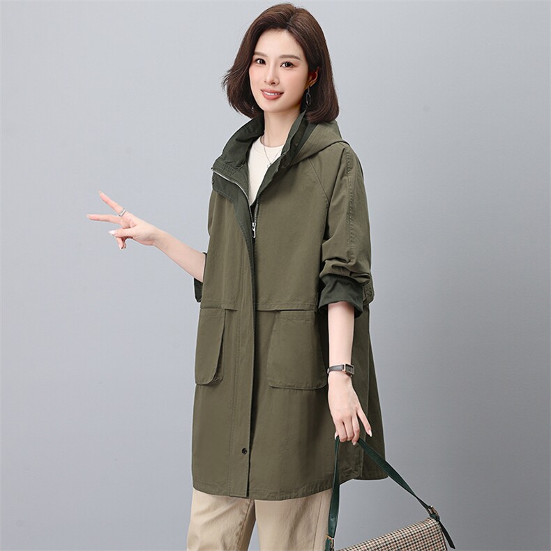 纯棉风衣外套女2025年春秋新款时尚休闲中年妈妈宽松大码工装大衣,女装风衣,江忆布依