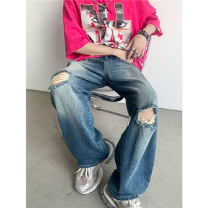韩版显瘦复古阔腿裤季直筒宽松垮腰拖地破洞牛仔裤K1021-P48图片