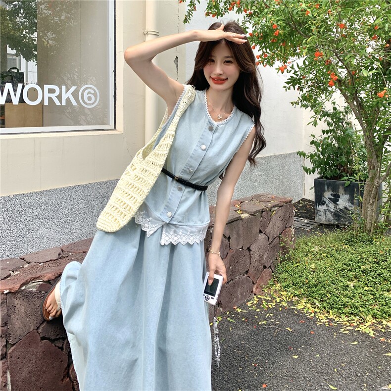 2025新款夏季时髦蕾丝拼接牛仔手套套装女高级感韩系半身裙两件套,女装套装/套裙,2C012