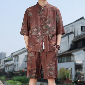 2025夏季新款男装风冰丝印花盘扣唐装套装短袖+短裤 A110-P80图片