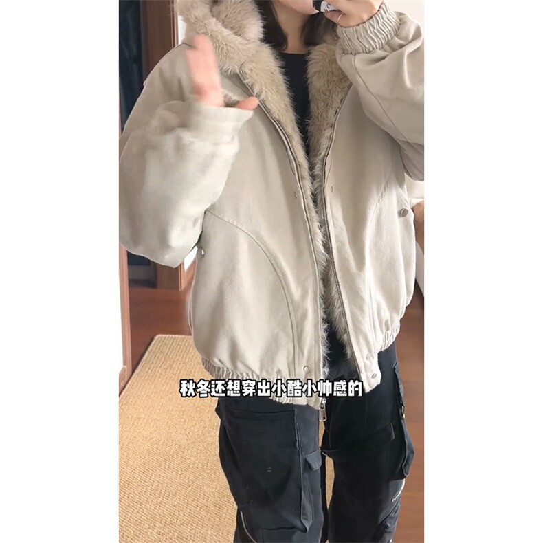 现货高品质美式高街冬季重磅硬挺短款座山雕毛领棉衣男女加厚外套图片